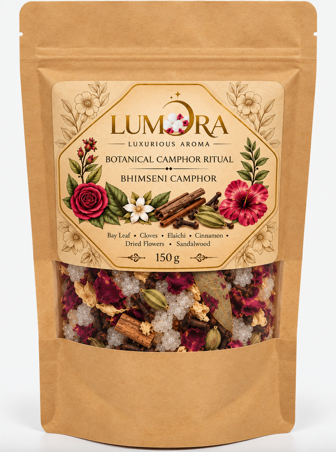 Lumora 150g Bhimseni botanical camphor refill pouch with transparent product window