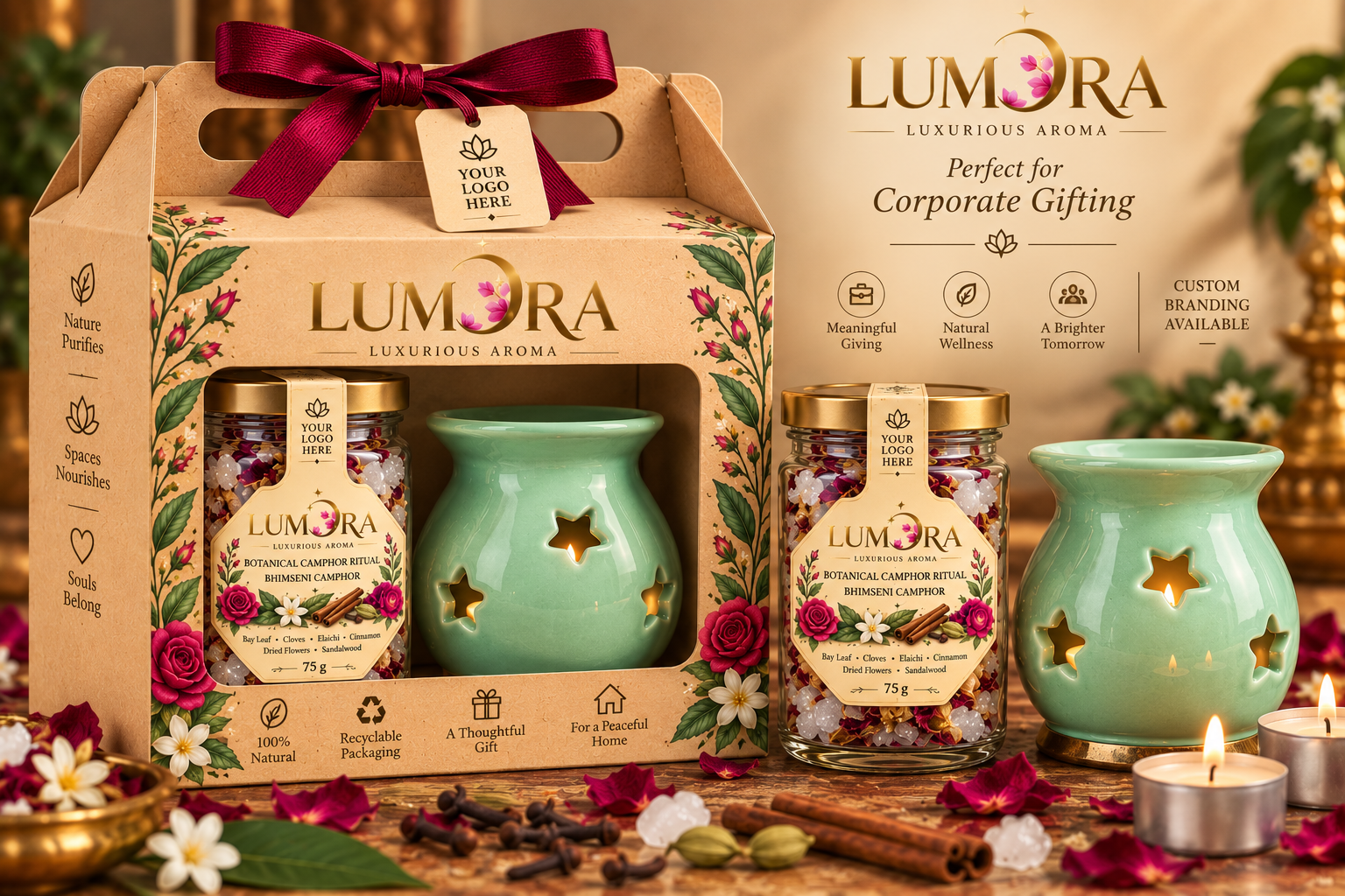 Lumora natural bulk gift box with custom logo clip, 75g jar and ceramic diffuser