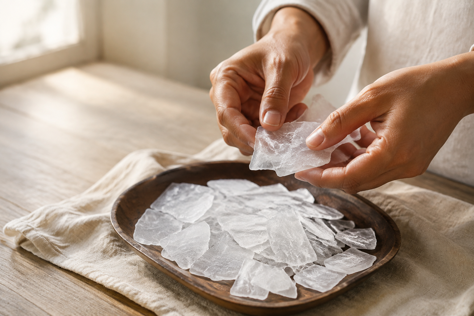 Hands gently breaking soft Bhimseni camphor slabs