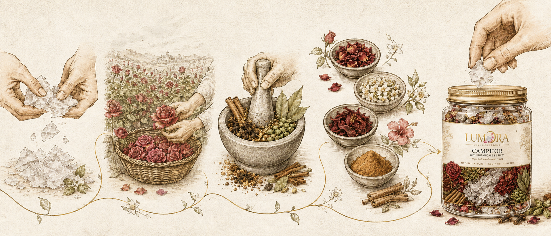 Illustrated journey from Bhimseni camphor and flowers to the finished Lumora jar