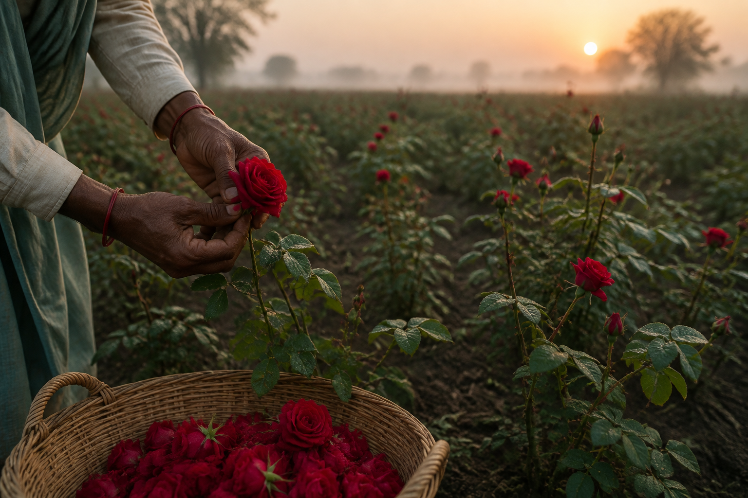Fresh roses being carefully gathered