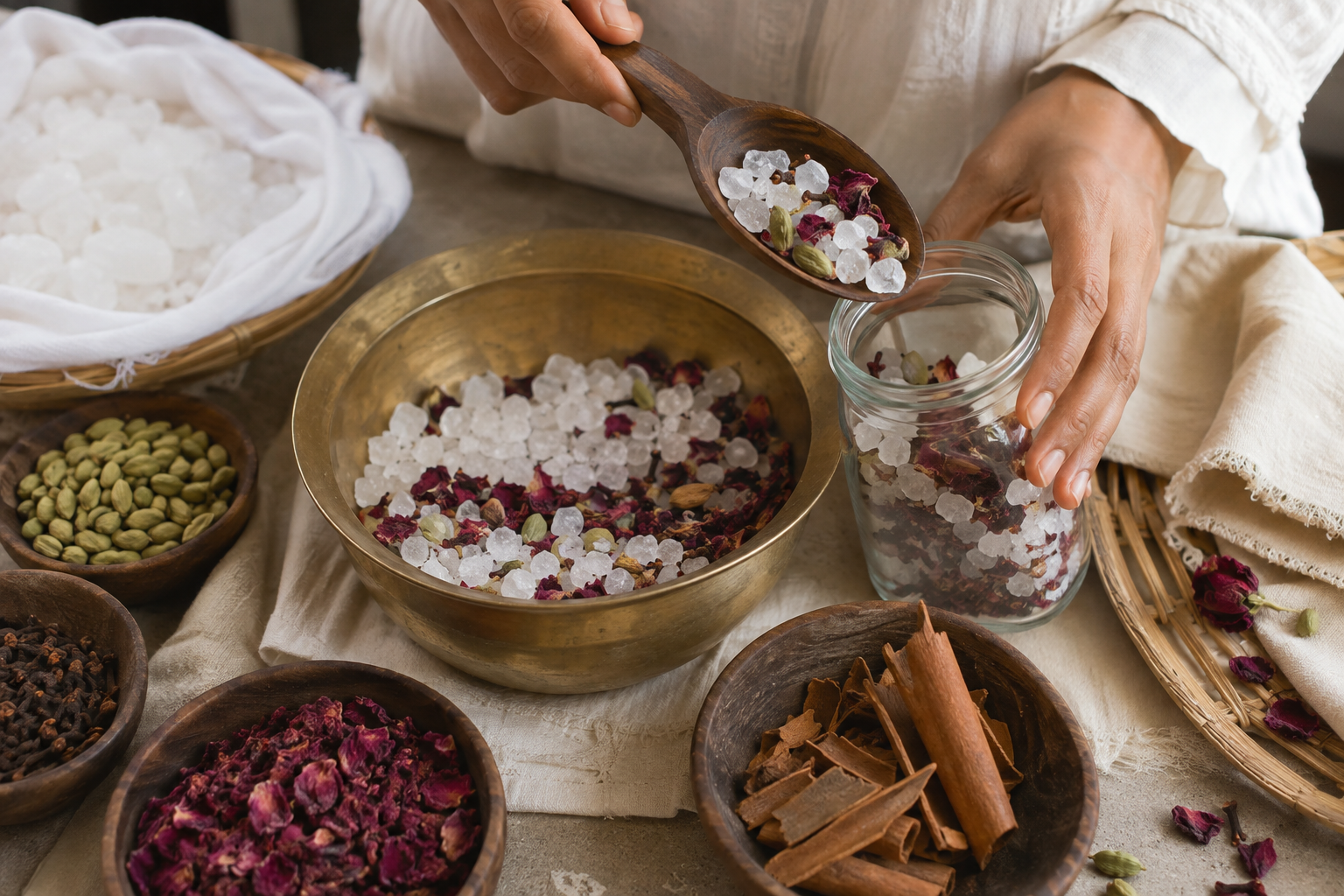 A small batch of botanical camphor being blended by hand