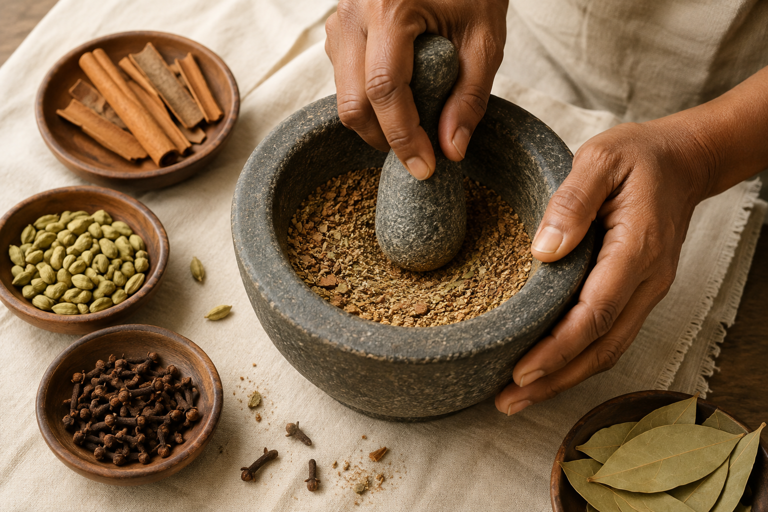 Whole cinnamon, cardamom, clove and bay leaf being crushed