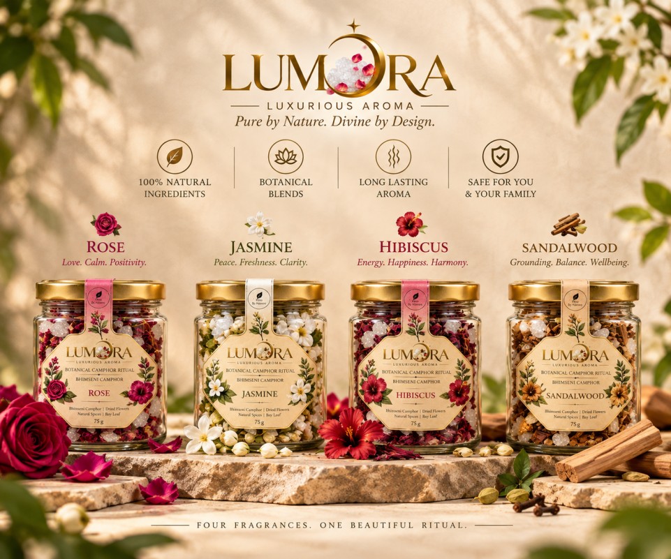 Lumora four-jar botanical camphor combo in Rose, Jasmine, Hibiscus and Sandalwood