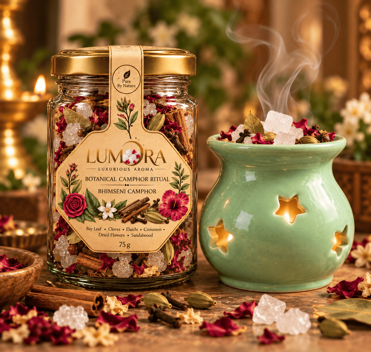 Lumora Bhimseni botanical camphor gift pack with 75g jar and ivory ceramic burner